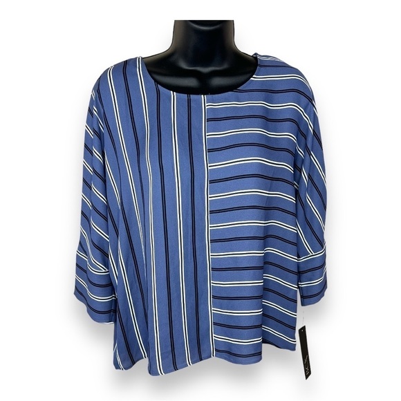 NEW Small BCX  Blue White Striped Blouse Roomy Fit NWT  Round Neckline - Picture 1 of 10